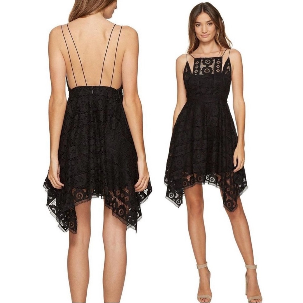 Free People Black Boho Just Like Honey Drape Hem Lace Mini Dress size 6 - Picture 7 of 14